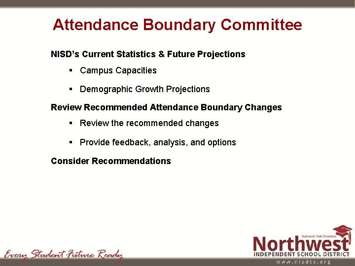 Attendance Boundary Committee NISD’s Current Statistics & Future Projections § Campus Capacities § Demographic