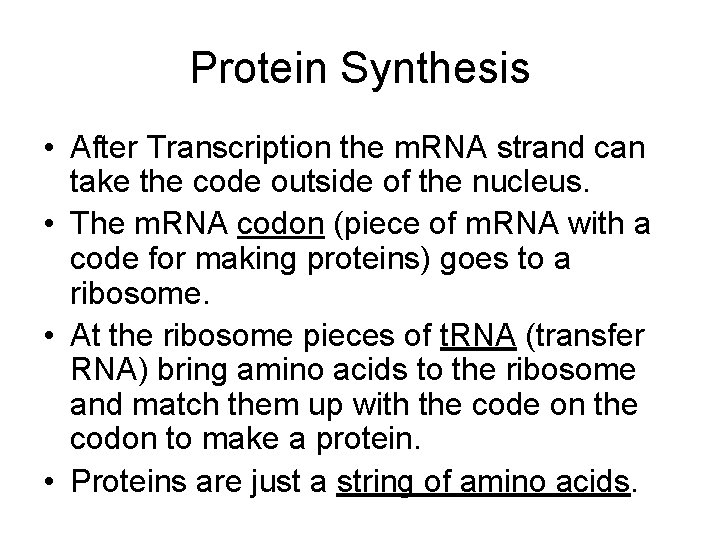 Protein Synthesis • After Transcription the m. RNA strand can take the code outside