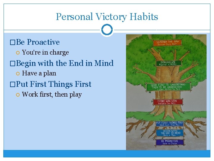 Personal Victory Habits �Be Proactive You’re in charge �Begin with the End in Mind