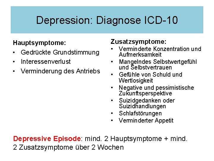 Depression: Diagnose ICD-10 Hauptsymptome: • Gedrückte Grundstimmung • Interessenverlust • Verminderung des Antriebs Zusatzsymptome: Depression: Diagnose ICD-10 Hauptsymptome: • Gedrückte Grundstimmung • Interessenverlust • Verminderung des Antriebs Zusatzsymptome: