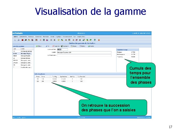 Visualisation de la gamme Cumuls des temps pour l’ensemble des phases On retrouve la