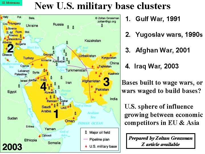 III. Motivations New U. S. military base clusters 1. Gulf War, 1991 2. Yugoslav