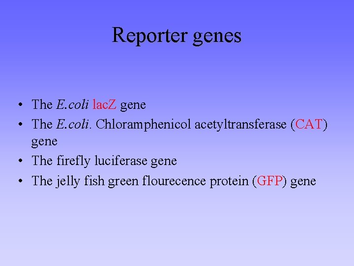 Reporter genes • The E. coli lac. Z gene • The E. coli. Chloramphenicol