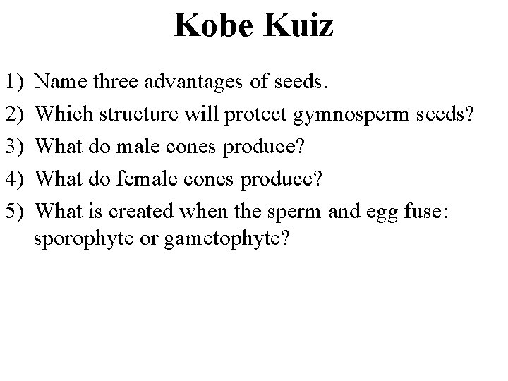 Kobe Kuiz 1) 2) 3) 4) 5) Name three advantages of seeds. Which structure