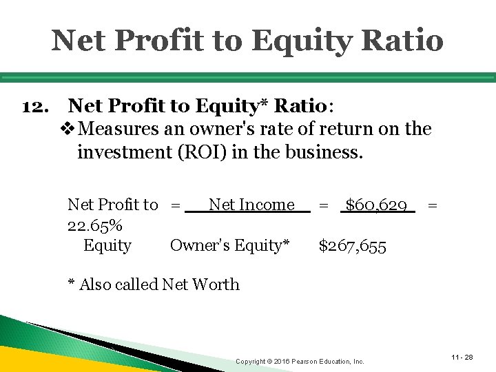 Net Profit to Equity Ratio 12. Net Profit to Equity* Ratio: v. Measures an