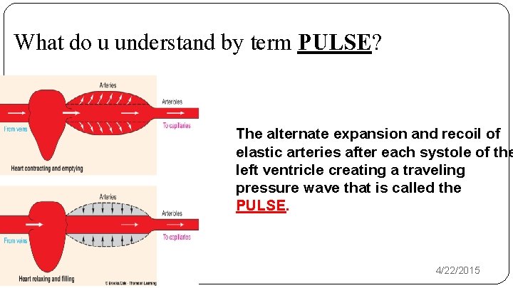 What do u understand by term PULSE? The alternate expansion and recoil of elastic