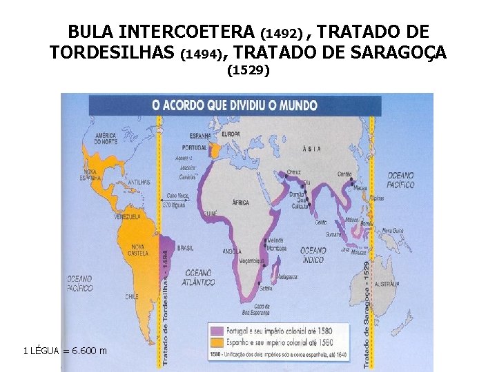 BULA INTERCOETERA (1492) , TRATADO DE TORDESILHAS (1494), TRATADO DE SARAGOÇA (1529) 1 LÉGUA