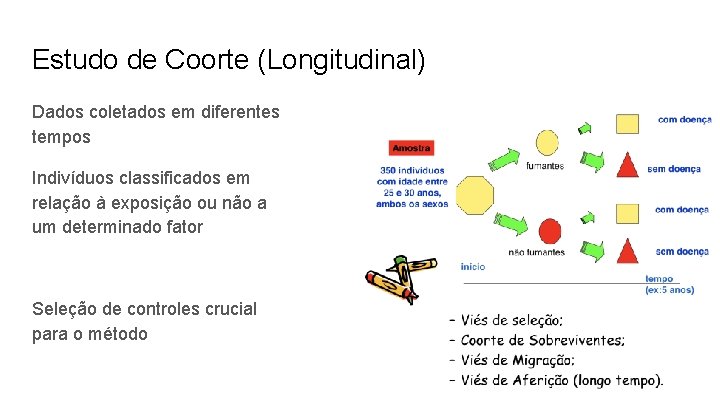 Estudo de Coorte (Longitudinal) Dados coletados em diferentes tempos Indivíduos classificados em relação à