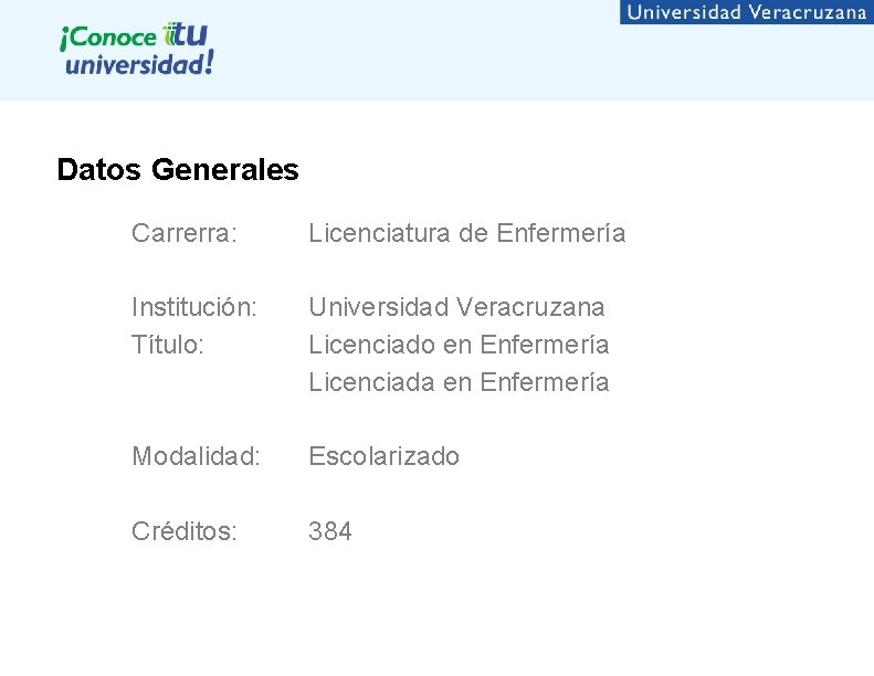 Datos Generales Carrerra: Licenciatura de Enfermería Institución: Título: Universidad Veracruzana Licenciado en Enfermería Licenciada