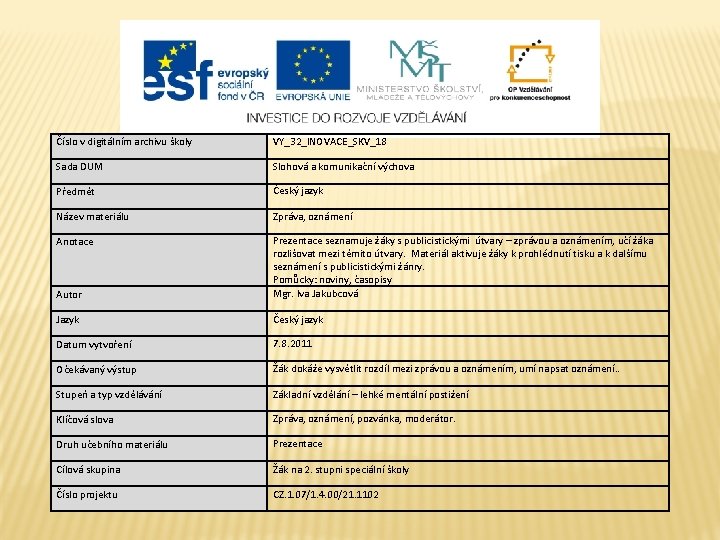 Číslo v digitálním archivu školy VY_32_INOVACE_SKV_18 Sada DUM Slohová a komunikační výchova Předmět Český