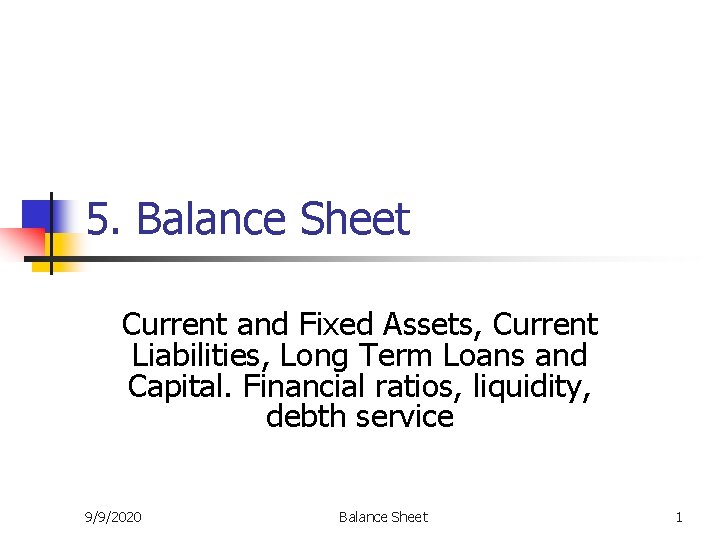 5. Balance Sheet Current and Fixed Assets, Current Liabilities, Long Term Loans and Capital.