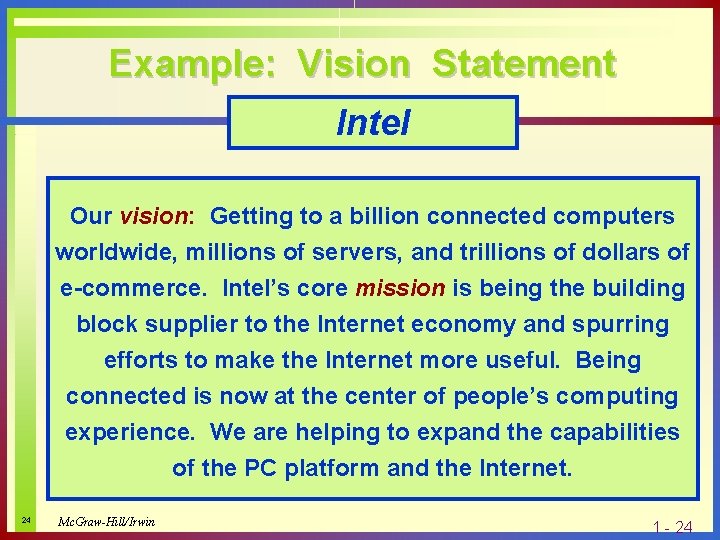 Example: Vision Statement Intel Our vision: Getting to a billion connected computers worldwide, millions