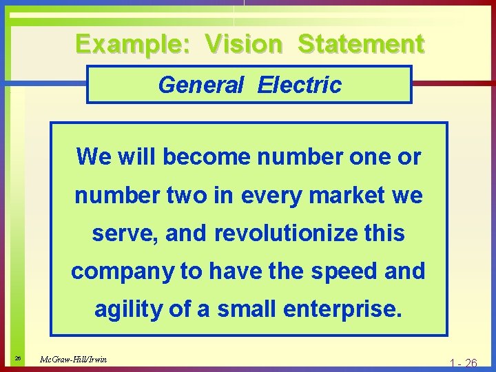 Example: Vision Statement General Electric We will become number one or number two in
