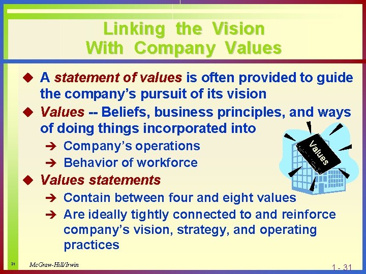 Linking the Vision With Company Values u A statement of values is often provided
