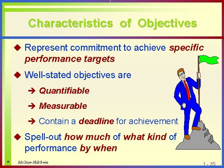 Characteristics of Objectives u Represent commitment to achieve specific performance targets u Well-stated objectives