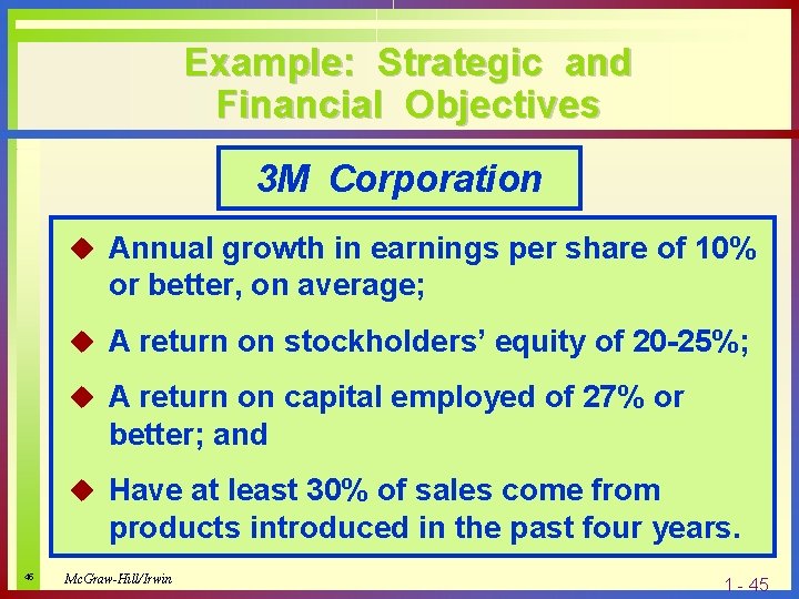 Example: Strategic and Financial Objectives 3 M Corporation u Annual growth in earnings per