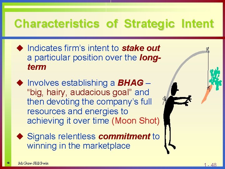 Characteristics of Strategic Intent u Indicates firm’s intent to stake out a particular position