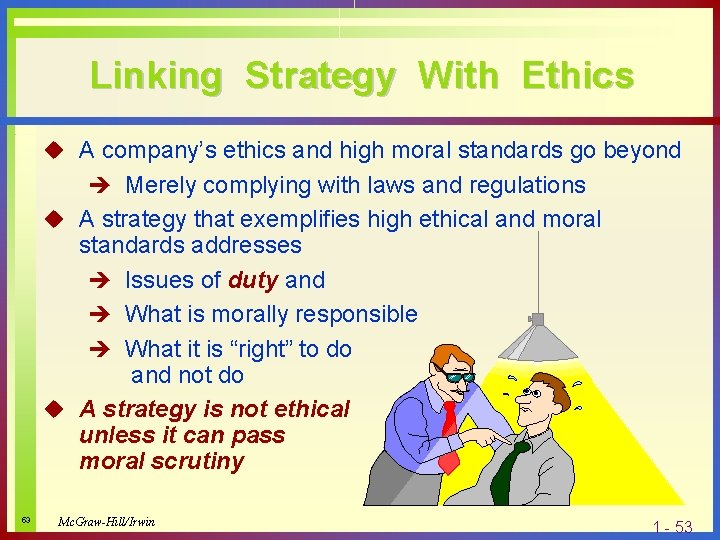 Linking Strategy With Ethics u A company’s ethics and high moral standards go beyond