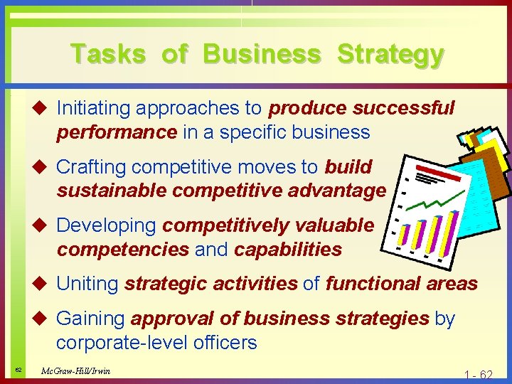 Tasks of Business Strategy u Initiating approaches to produce successful performance in a specific