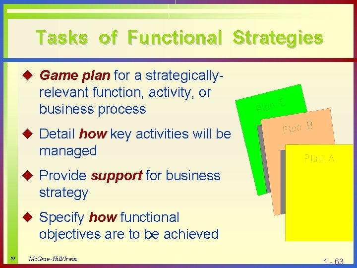 Tasks of Functional Strategies u Game plan for a strategically- relevant function, activity, or