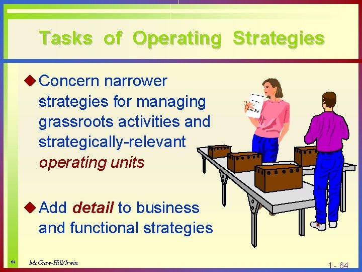 Tasks of Operating Strategies u Concern narrower strategies for managing grassroots activities and strategically-relevant