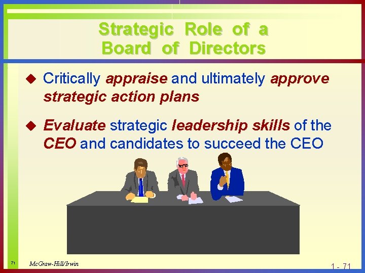 Strategic Role of a Board of Directors 71 u Critically appraise and ultimately approve