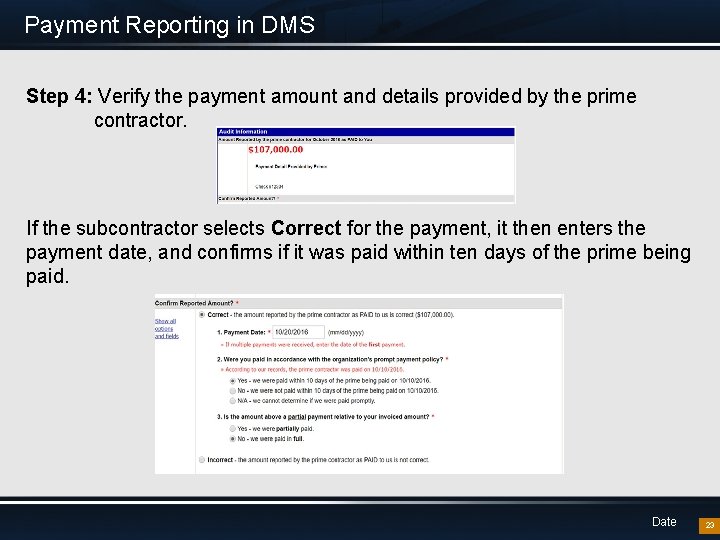 Payment Reporting in DMS Step 4: Verify the payment amount and details provided by