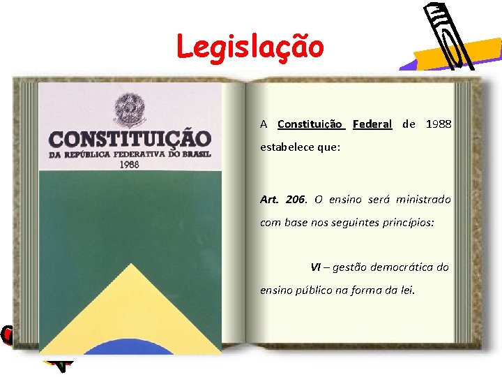 Legislação A Constituição Federal de 1988 estabelece que: Art. 206. O ensino será ministrado Legislação A Constituição Federal de 1988 estabelece que: Art. 206. O ensino será ministrado