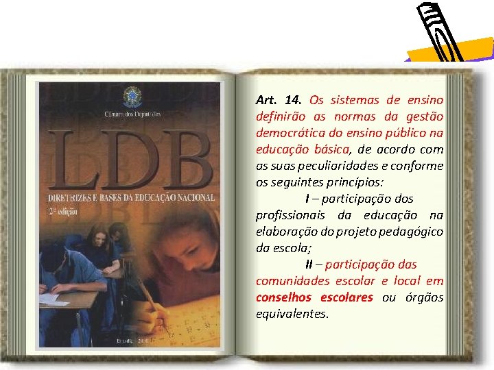 Art. 14. Os sistemas de ensino definirão as normas da gestão democrática do ensino Art. 14. Os sistemas de ensino definirão as normas da gestão democrática do ensino