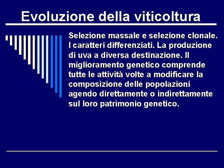 Evoluzione della viticoltura Selezione massale e selezione clonale. I caratteri differenziati. La produzione di Evoluzione della viticoltura Selezione massale e selezione clonale. I caratteri differenziati. La produzione di