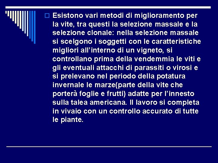 o Esistono vari metodi di miglioramento per la vite, tra questi la selezione massale