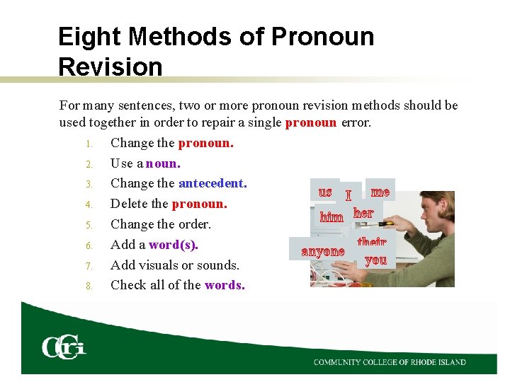 Eight Methods of Pronoun Revision For many sentences, two or more pronoun revision methods