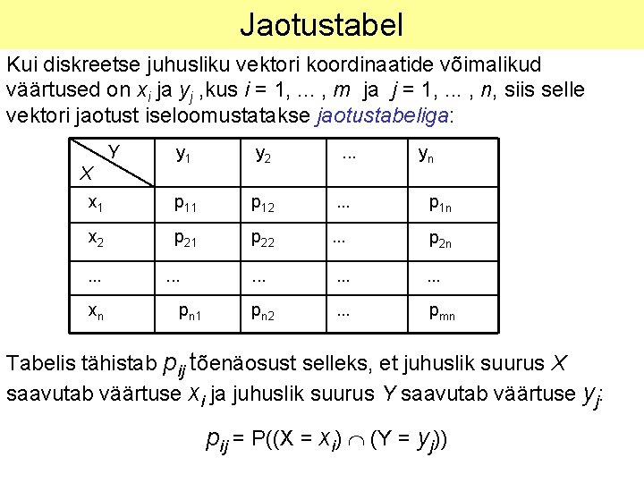 Jaotustabel Kui diskreetse juhusliku vektori koordinaatide võimalikud väärtused on xi ja yj , kus