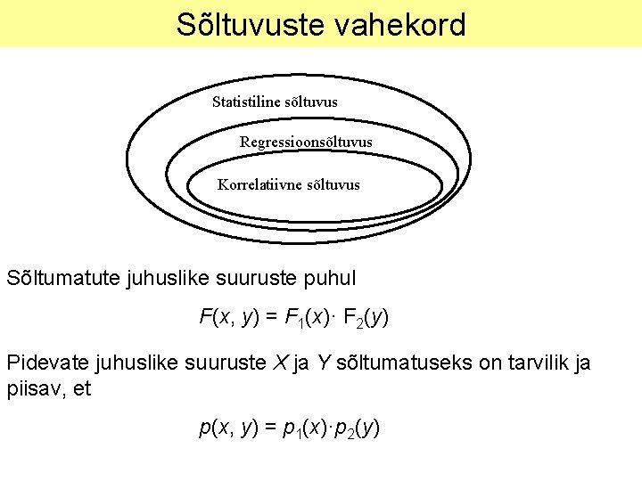 Sõltuvuste vahekord Statistiline sõltuvus Regressioonsõltuvus Korrelatiivne sõltuvus Sõltumatute juhuslike suuruste puhul F(x, y) =