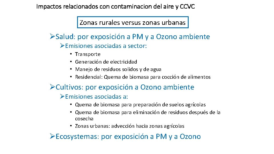 Impactos relacionados contaminacion del aire y CCVC Zonas rurales versus zonas urbanas ØSalud: por