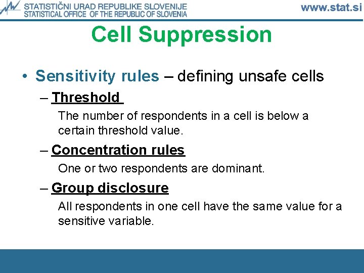 Cell Suppression • Sensitivity rules – defining unsafe cells – Threshold The number of