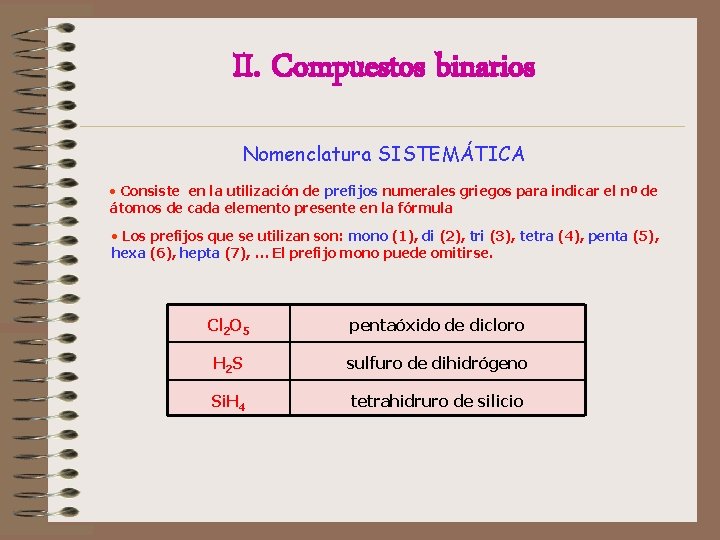II. Compuestos binarios Nomenclatura SISTEMÁTICA • Consiste en la utilización de prefijos numerales griegos II. Compuestos binarios Nomenclatura SISTEMÁTICA • Consiste en la utilización de prefijos numerales griegos