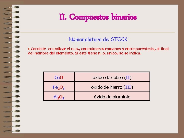 II. Compuestos binarios Nomenclatura de STOCK • Consiste en indicar el n. o. , II. Compuestos binarios Nomenclatura de STOCK • Consiste en indicar el n. o. ,