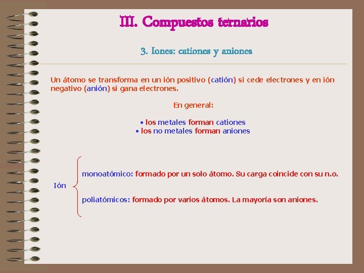 III. Compuestos ternarios 3. Iones: cationes y aniones Un átomo se transforma en un III. Compuestos ternarios 3. Iones: cationes y aniones Un átomo se transforma en un