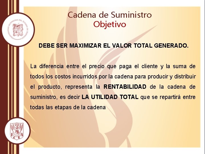Cadena de Suministro Objetivo DEBE SER MAXIMIZAR EL VALOR TOTAL GENERADO. La diferencia entre