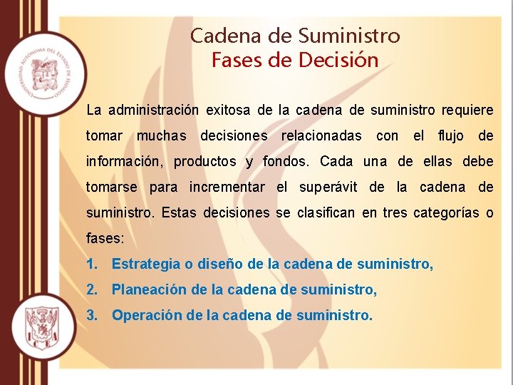 Cadena de Suministro Fases de Decisión La administración exitosa de la cadena de suministro