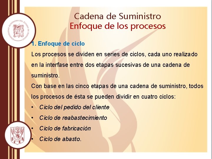 Cadena de Suministro Enfoque de los procesos 1. Enfoque de ciclo Los procesos se