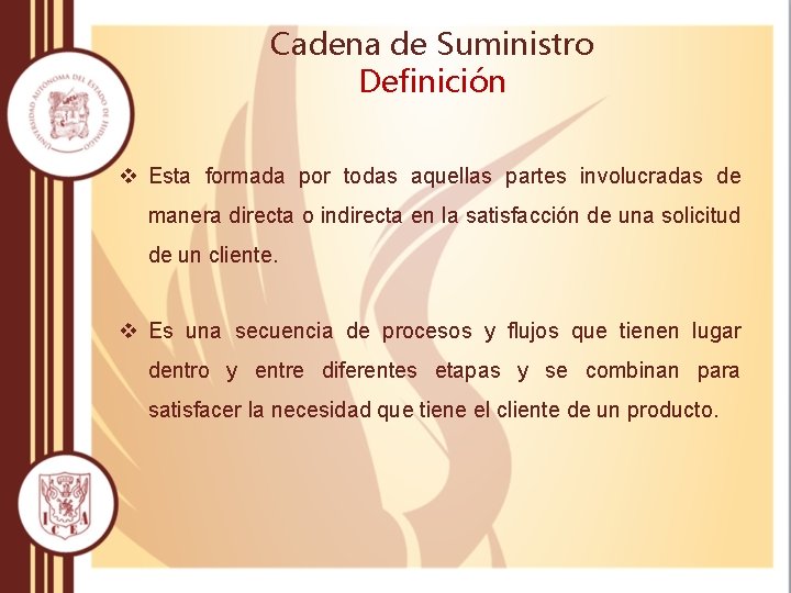 Cadena de Suministro Definición v Esta formada por todas aquellas partes involucradas de manera
