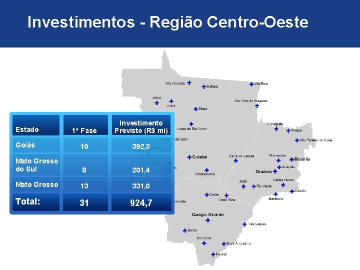 Investimentos - Região Centro-Oeste Estado 1ª Fase Investimento Previsto (R$ mi) Goiás 10 392,