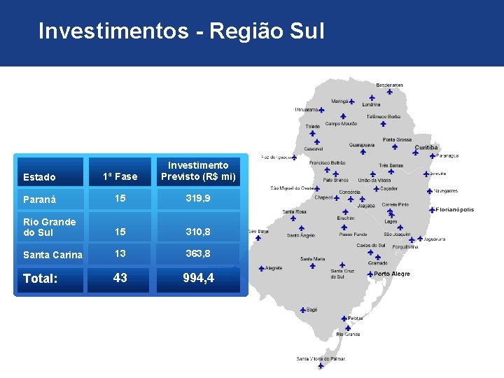 Investimentos - Região Sul Estado 1ª Fase Investimento Previsto (R$ mi) Paraná 15 319, Investimentos - Região Sul Estado 1ª Fase Investimento Previsto (R$ mi) Paraná 15 319,