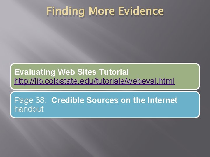 Finding More Evidence Evaluating Web Sites Tutorial http: //lib. colostate. edu/tutorials/webeval. html Page 38: