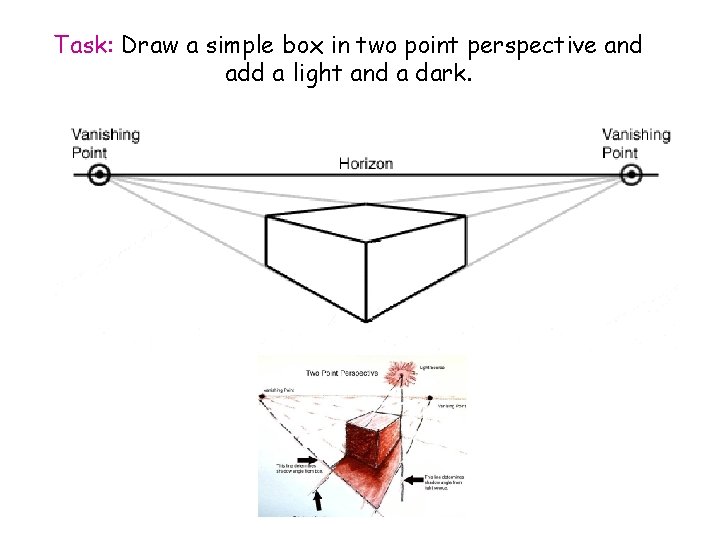 Task: Draw a simple box in two point perspective and add a light and