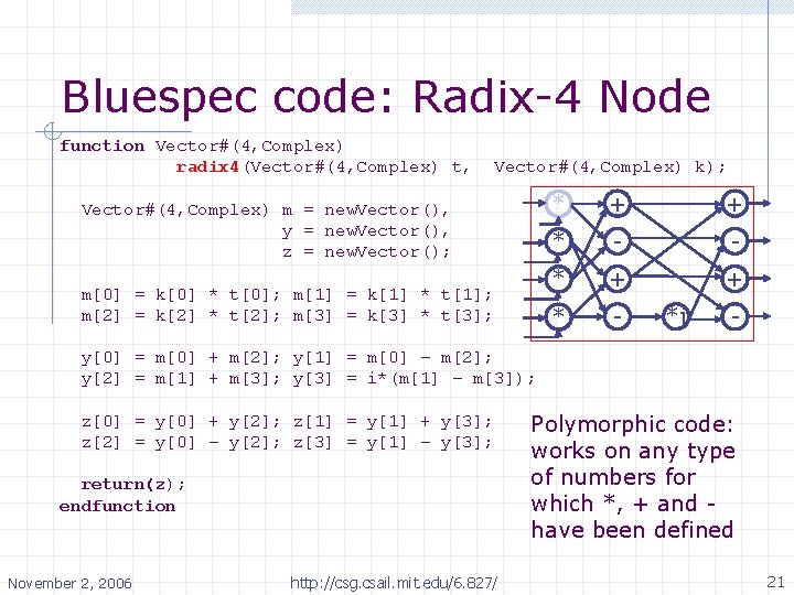 Bluespec code: Radix-4 Node function Vector#(4, Complex) radix 4(Vector#(4, Complex) t, Vector#(4, Complex) k);