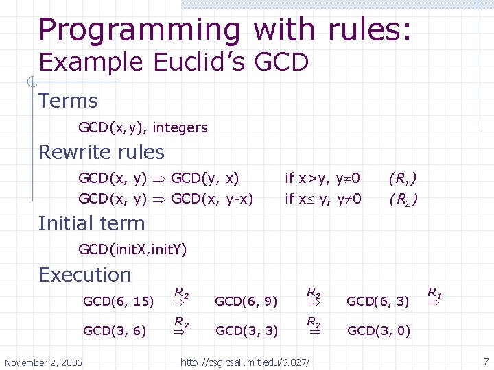 Programming with rules: Example Euclid’s GCD Terms GCD(x, y), integers Rewrite rules GCD(x, y)