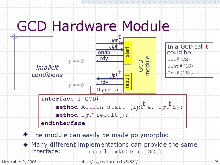 GCD Hardware Module y == 0 t rdy #(type t) In a GCD call